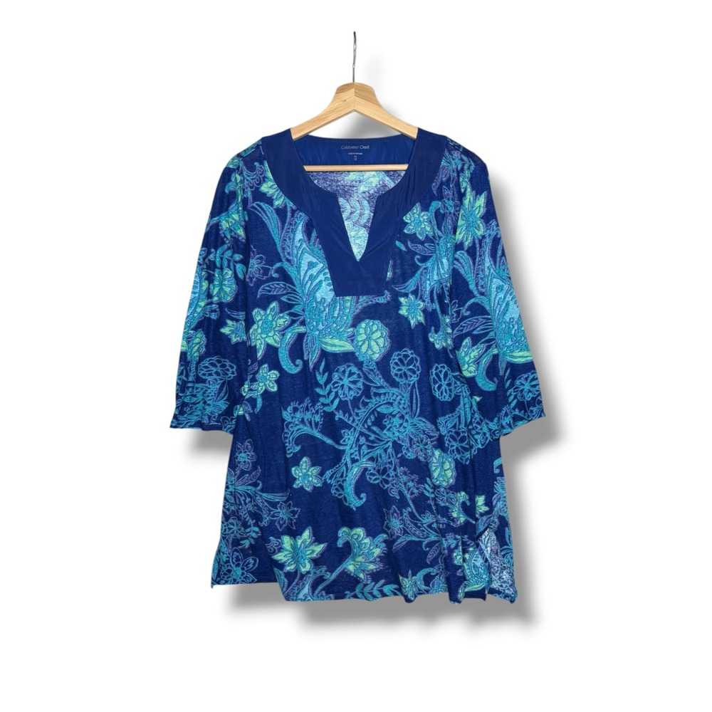Coldwater Creek 100% Linen Tunic Top Blue Green Paisley Floral 1X 18 Plus Size